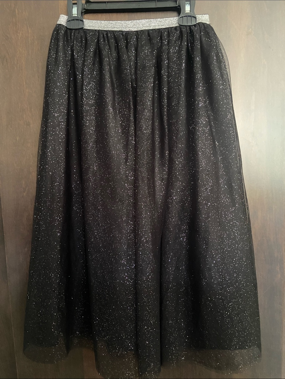 Cat & Jack Black Sparkle Tulle Midi Skirt, Silver Waistband, girls size S (6/6x)